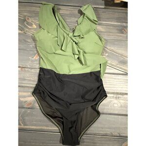 Green & Black One-Piece Ruffled Swimsuit By Blooming Jelly Size L Nylon/Spandex